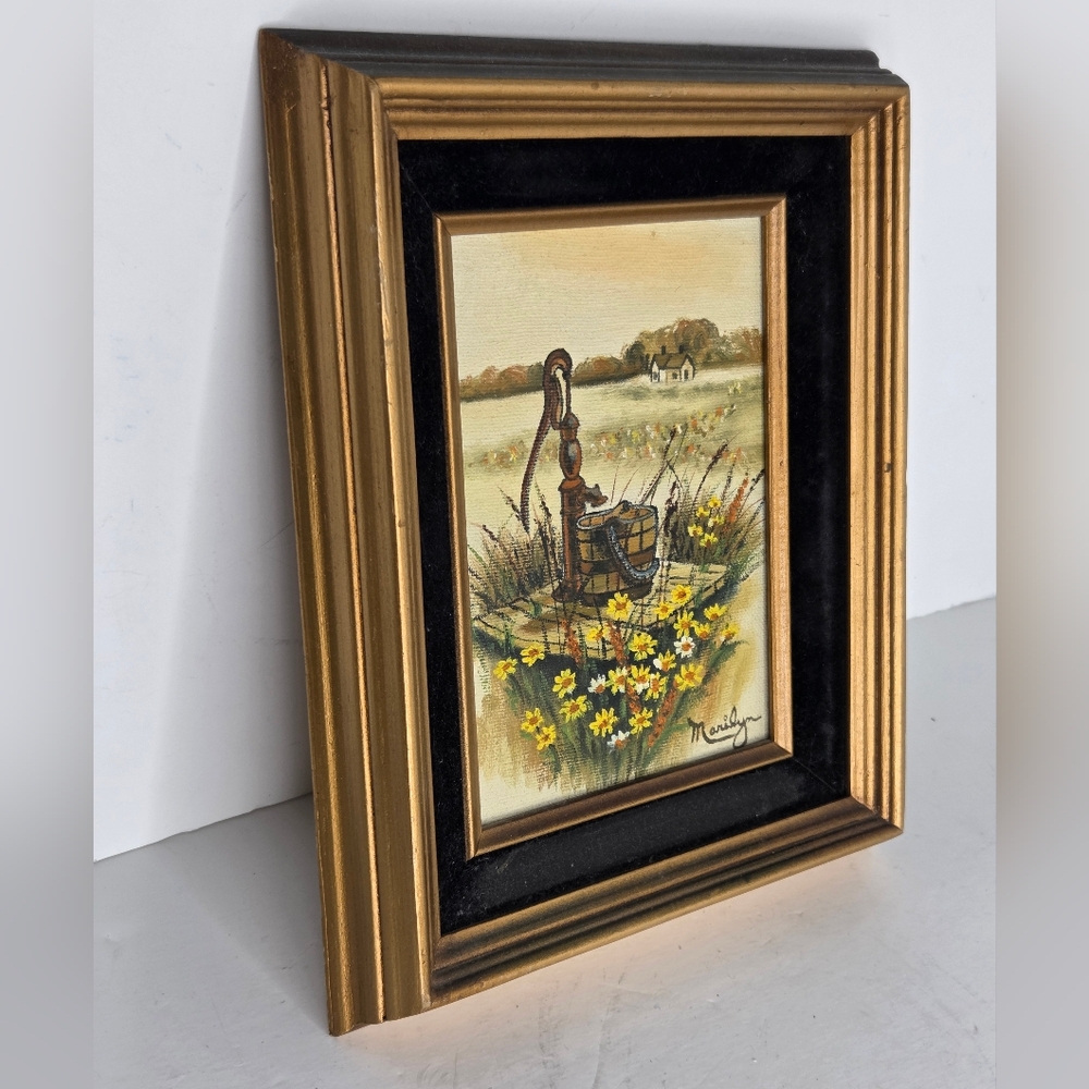 VTG Landscape Oil Painting Countryside Water Well Yellow Daisies Framed Marilyn - Picture 4 of 8